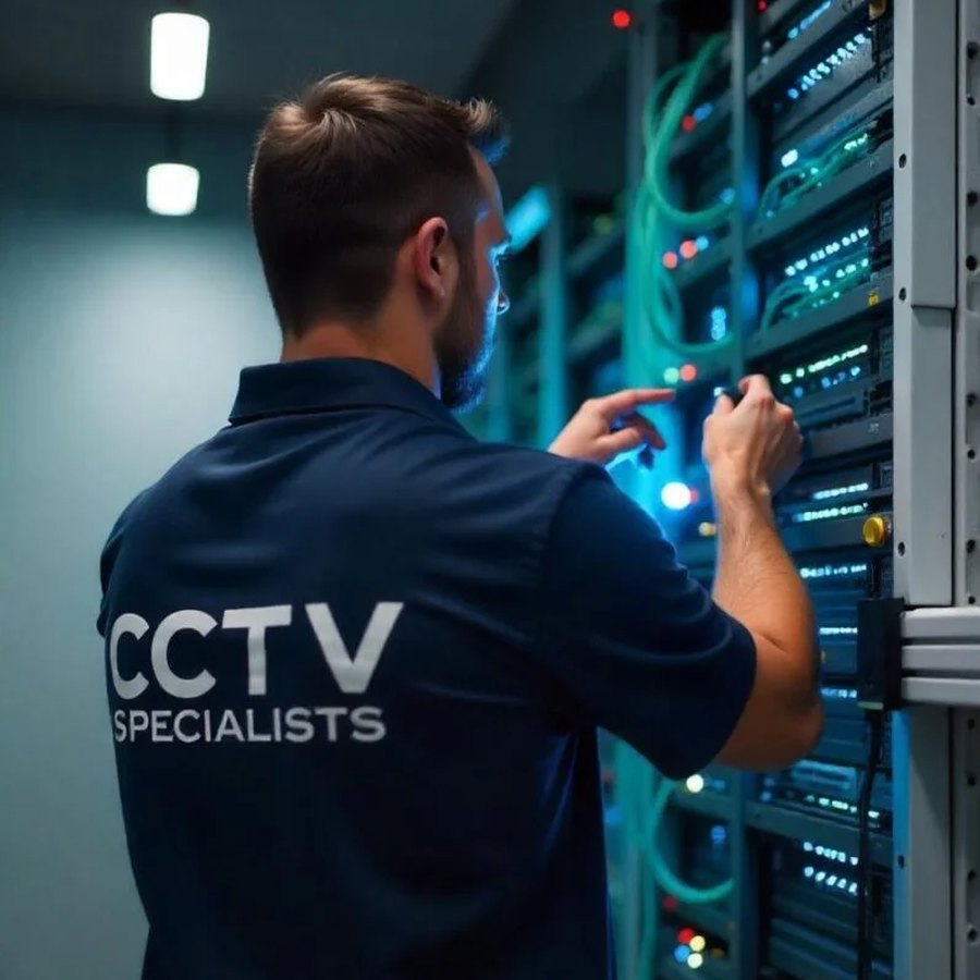Technician terminating fibre patch leads in a communications rack