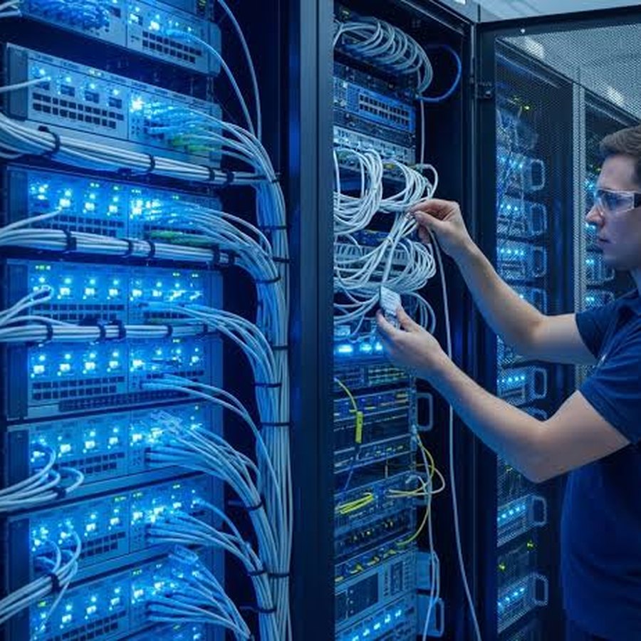 Structured copper cabling dressed between switch stacks in a data centre